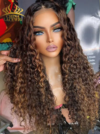 Chinalacewig Brown Highlights Curly Glueless 5x5 Closure Lace Wig Beginner Friendly CL05