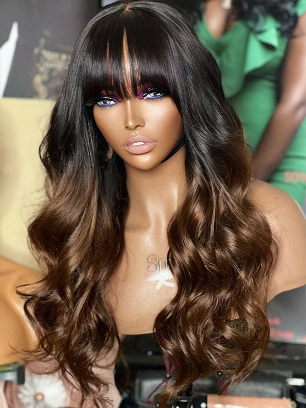 Chinalacewig Ombre Color Body Wave With Bang 5x5 HD Lace Closure Wig HG03