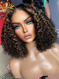 Chinalacewig 100% Human Hair Wig HD Lace Full Bottom Blonde Highlights Curly Lace Wigs