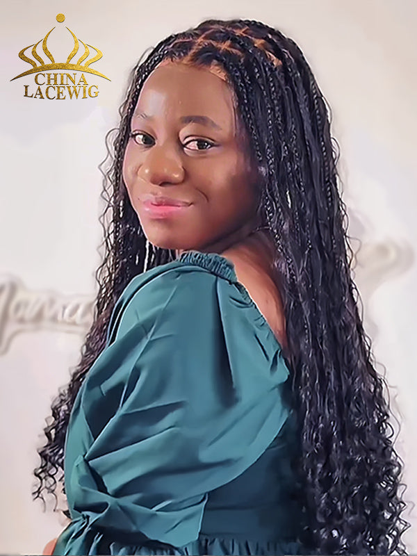 🔥 Chinalacewig Human Hair Full Lace Braided Wig Tangleless Boho Knotless Braids with Human Hair Curls