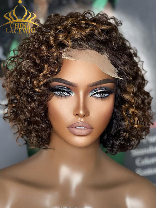 Chinalacewig Mix Brown Curly 5x5 Closure HD Lace Glueless Neck Length Wig 100% Human HairBeginner Friendly CL09