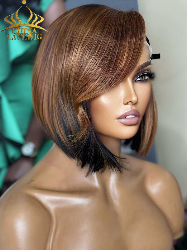 Chinalacewig Honey Brown Ombre 5x5 HD Glueless Bob Lace Wig Beginner Friendly CL08