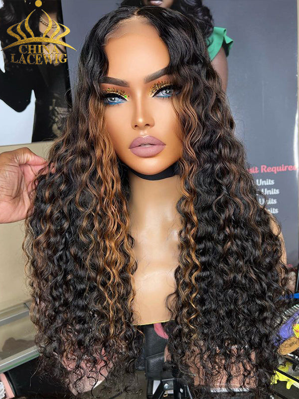 Chinalacewig Honey brown Highlight Deep Wave 13x4 HD Lace  Front Long Wig 100% human hair CL012