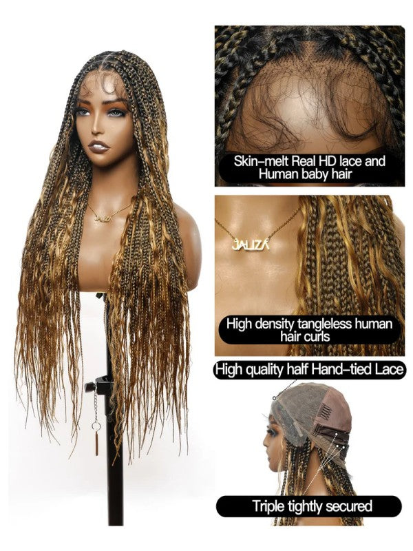 Chinalacewig Tangleless Human Hair Boho Curls Knotless Box Braided Wig 32“ HD Lace 100 Strands - Comfort Plus / Inner Splice Stretchable Lace 第 3 个媒体文件（共 10 个）