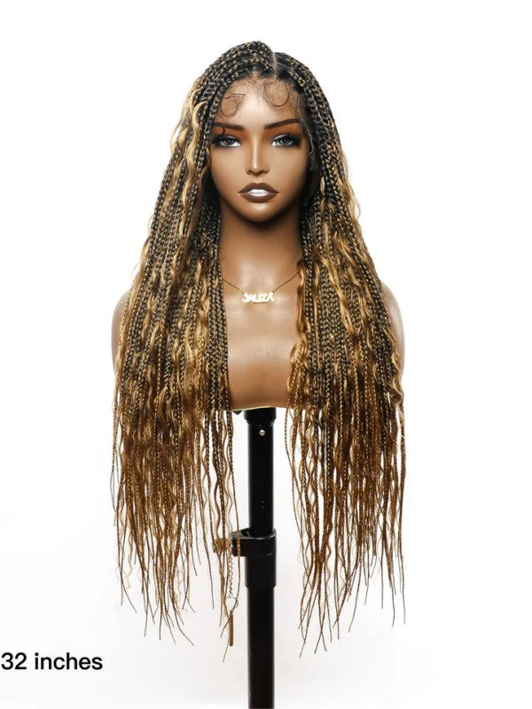 Chinalacewig Tangleless Human Hair Boho Curls Knotless Box Braided Wig 32“ HD Lace 100 Strands - Comfort Plus / Inner Splice Stretchable Lace 第 3 个媒体文件（共 10 个）