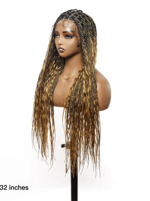 Chinalacewig Tangleless Human Hair Boho Curls Knotless Box Braided Wig 32“ HD Lace 100 Strands - Comfort Plus / Inner Splice Stretchable Lace
