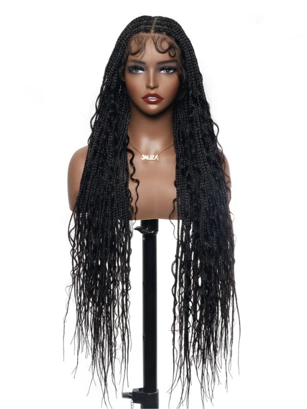 Chinalacewig Tangleless Human Hair Boho Curls Knotless Box Braided Wig 32“ HD Lace 100 Strands - Comfort Plus / Inner Splice Stretchable Lace 