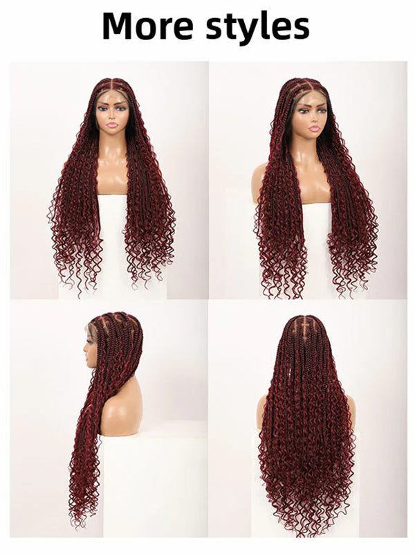 Chinalacewig 36inch Full Lace Knotless Box Boho Braided Wigs With Curly 99j Burgundy Color With Baby Hair Braids Wig For Black Women