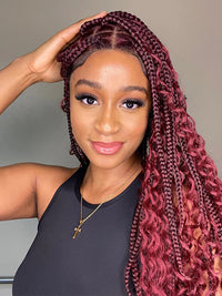 Many Styles Of Human Hair Full Lace Boho Knotless Box Boho Braided Wigs With Curly Burgundyl Color 99j Braid Wig For Black Women