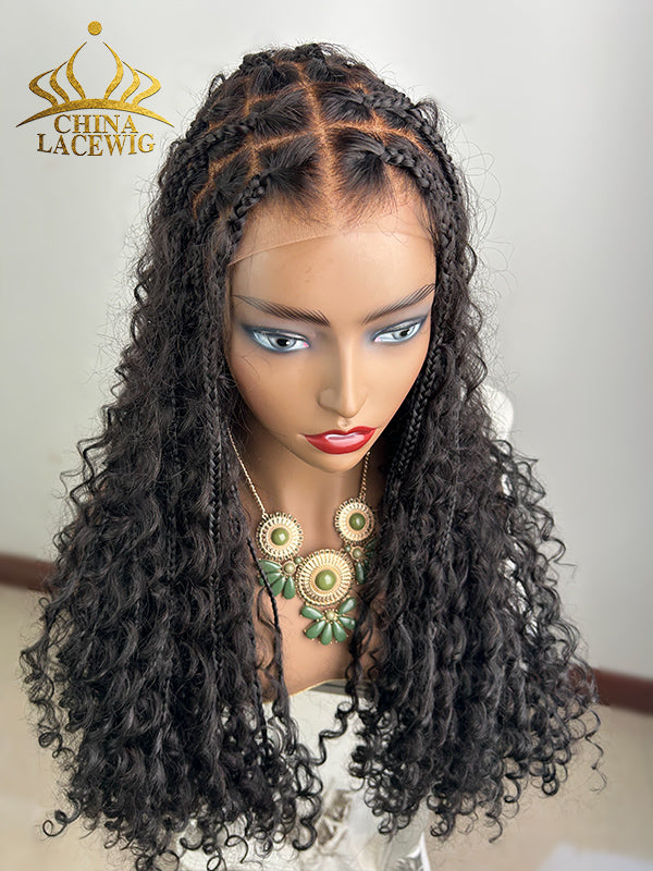 Chinalacewig Human Hair Full Lace Braided Wig Tangleless Boho Knotless Braids with Human Hair Curls