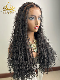 Chinalacewig Human Hair Full Lace Braided Wig Tangleless Boho Knotless Braids with Human Hair Curls