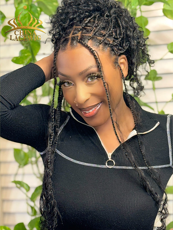 Chinalacewig Human Hair Full Lace Braided Wig Tangleless Boho Knotless Braids with Human Hair Curls