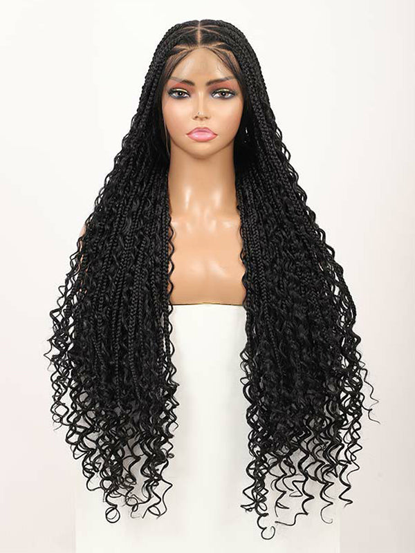 Chinalacewig Tangleless Human Hair Full Lace Boho Curls Box Braided Wig 36inch Natural Color Braid Wig For Black Women