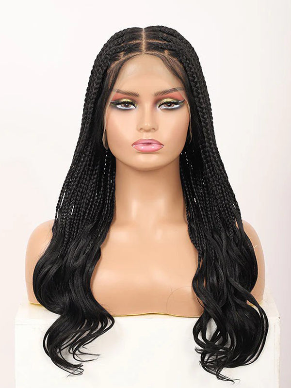 Chinalacewig 18inch HD Full Lace Knotless Boho Braids With Wave Hair Ends Natural Color Box Braid Wigs For Black Women