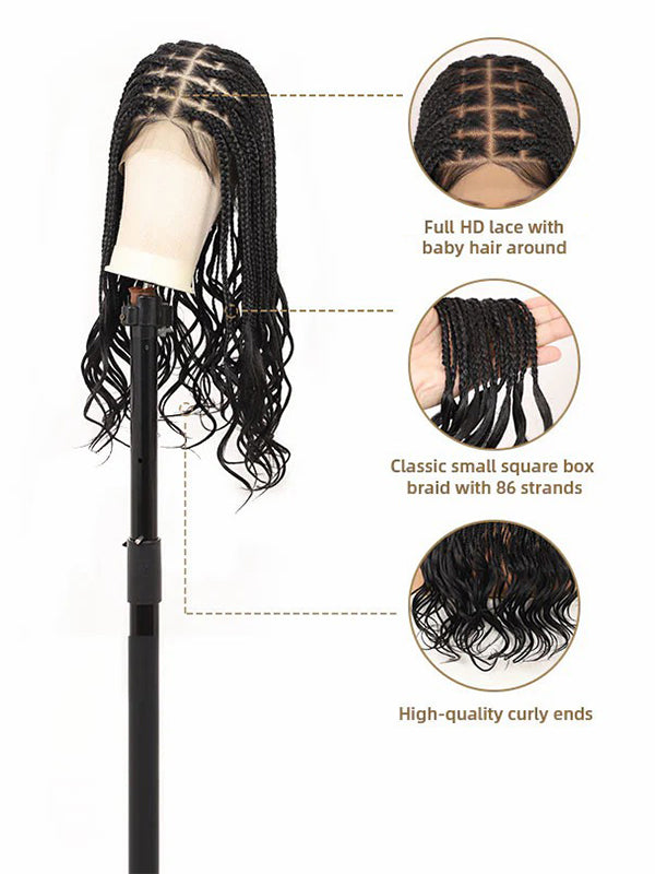 Chinalacewig 18inch HD Full Lace Knotless Boho Braids With Wave Hair Ends Natural Color Box Braid Wigs For Black Women