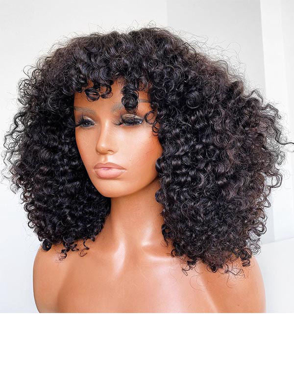 Chinalacewig Glueless Full HD Lace Kinky Curly Bob Human Hair With Bangs NCF35