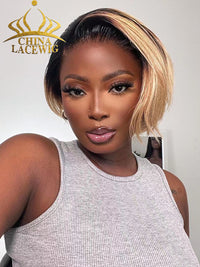 Chinalacewig Ombre Blonde Short Pixie Cut 100% Human Virgin Brazilian Hair Lace Front Wigs CF560