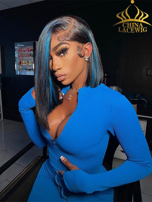 Chinalacewig Preplucked Human Hair Highlight BOB Blue 13x4 Undetecable HD Lace Front Wigs NCF092